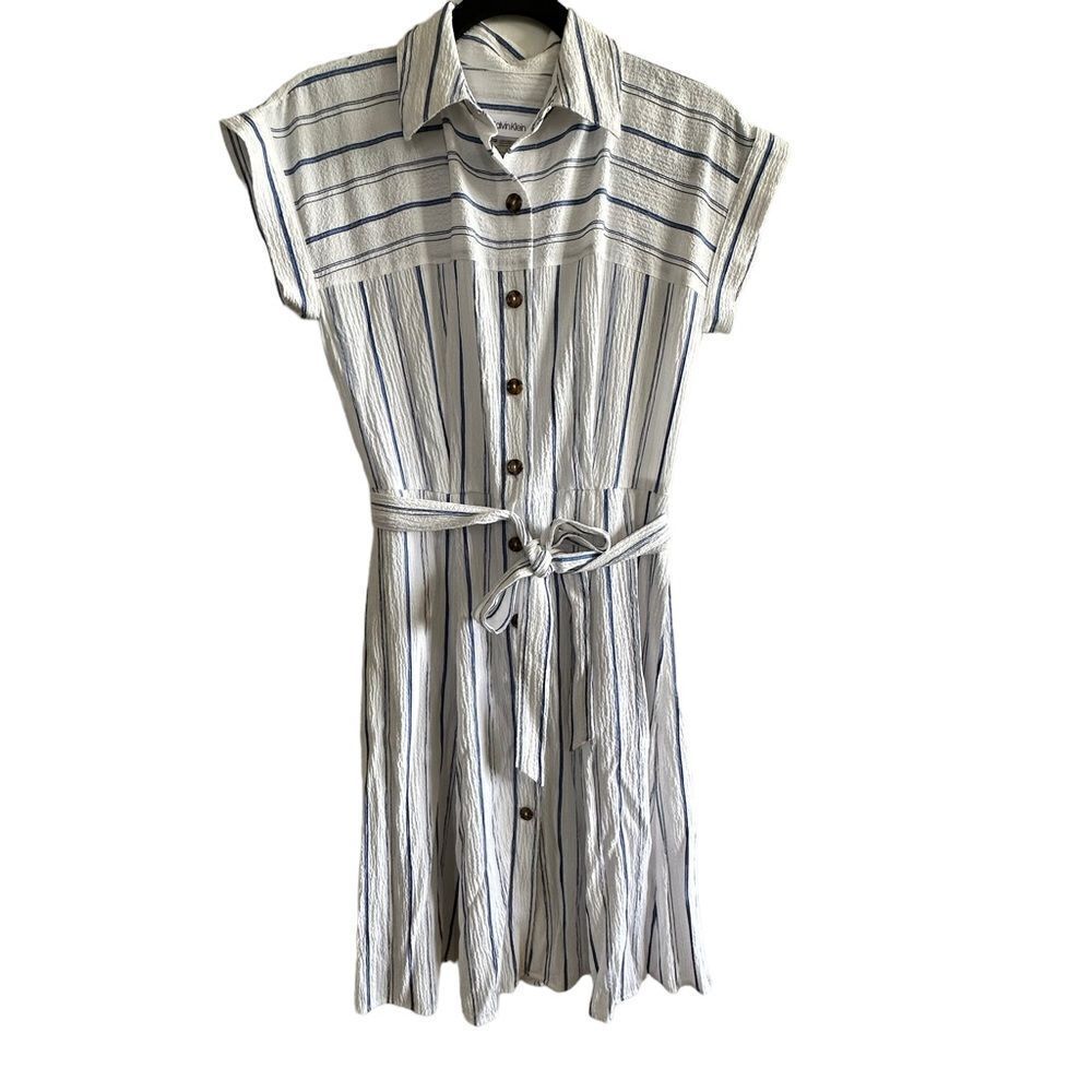 Calvin Klein ~ White with blue stripes belted dress ~ capped sleeves ~ size 2 - Picture 1 of 9